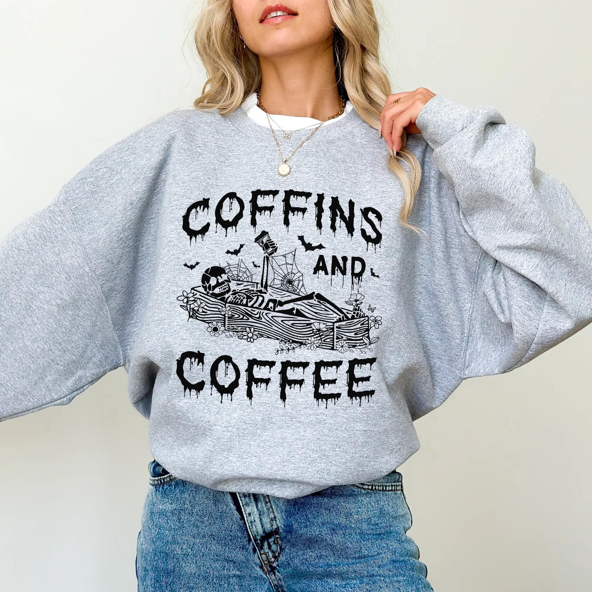 Coffins And Coffee Sweatshirt, Funny Skeleton Graphic Printed Crewneck, Coffee Lovers Women Casual Style, Funny Halloween Sweater, Caffeinated Shirt, Comfy Oversized Graphic Womenswear, Halloween Gift, Soft Fabric Unisex Sweatshirt