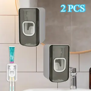 2 Pcs Toothbrush Storage Box Wall-mounted Toothbrush Holder Gray Toothbrush Storage Box Automatic Squeezing Toothpaste Holder 2-slot Toothbrush Holder and Toothpaste Dispenser 2 in 1 Toothbrush and Toothpaste Storage Box Bathroom Supplies Pack