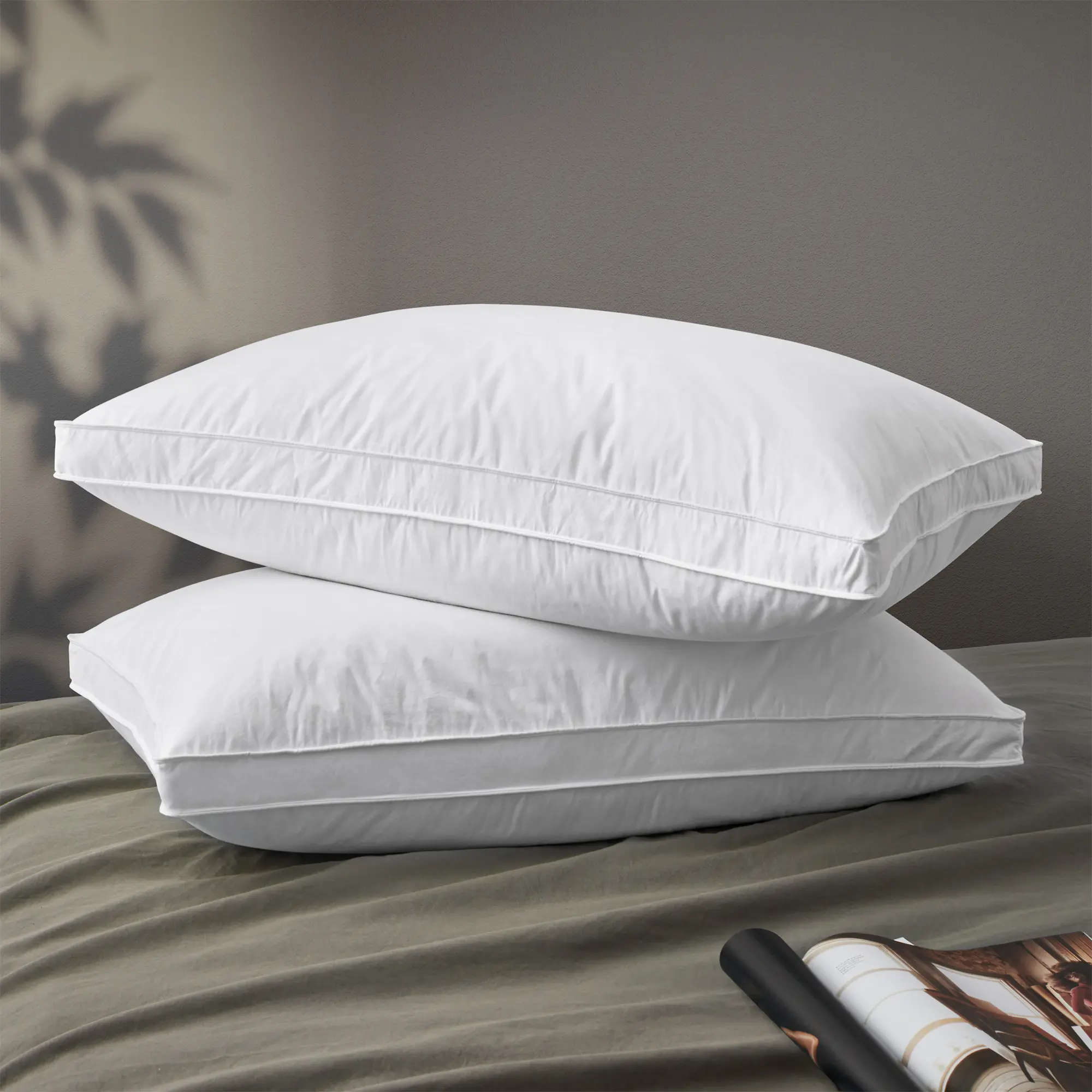 PEACE NEST 2-Pack Luxurious Breathable Cloth Grey Goose Feather Pillows, 100% Cotton Shell for Restful Sleep