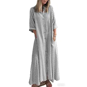 Chouyatou Women's Summer Long Shirt Dress Bohemian Style Striped Dress Casual Button-Down Three-Quarter Sleeve Maxi Dress with Pockets