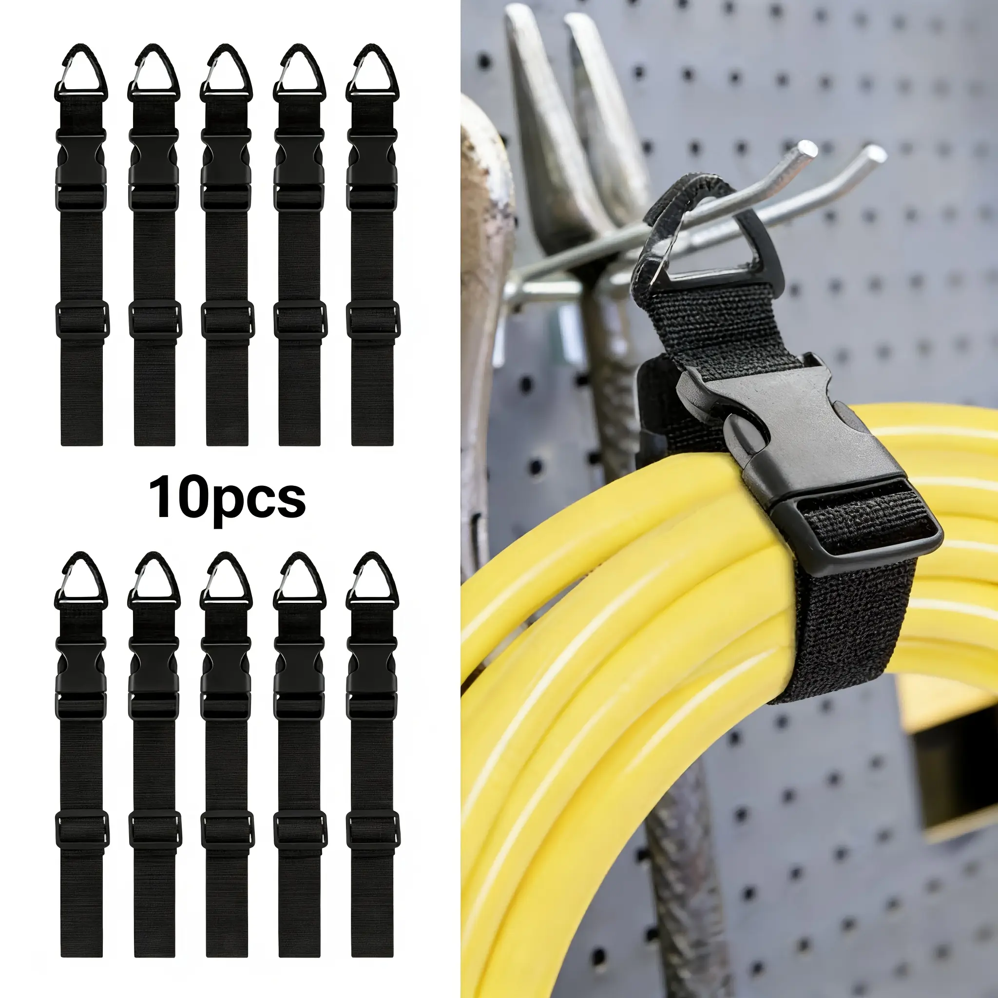 10 Pack Heavy Duty Extension Cord Organizer Straps,   1.5" x 9.5" Adjustable Cable Wrap Holder with   Triangle Carabiner Hook, Reusable Cord Management   for Garage, Workshop, Garden Hose, Air Hose,   Power Tools Storage