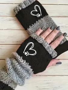 Women's Winter Warm Gloves, Cute Heart & Claw Embroidery, Anti-Slip Touchscreen Fingerless Mitts, Fashionable Cold Weather Accessories, Non Slip Gloves