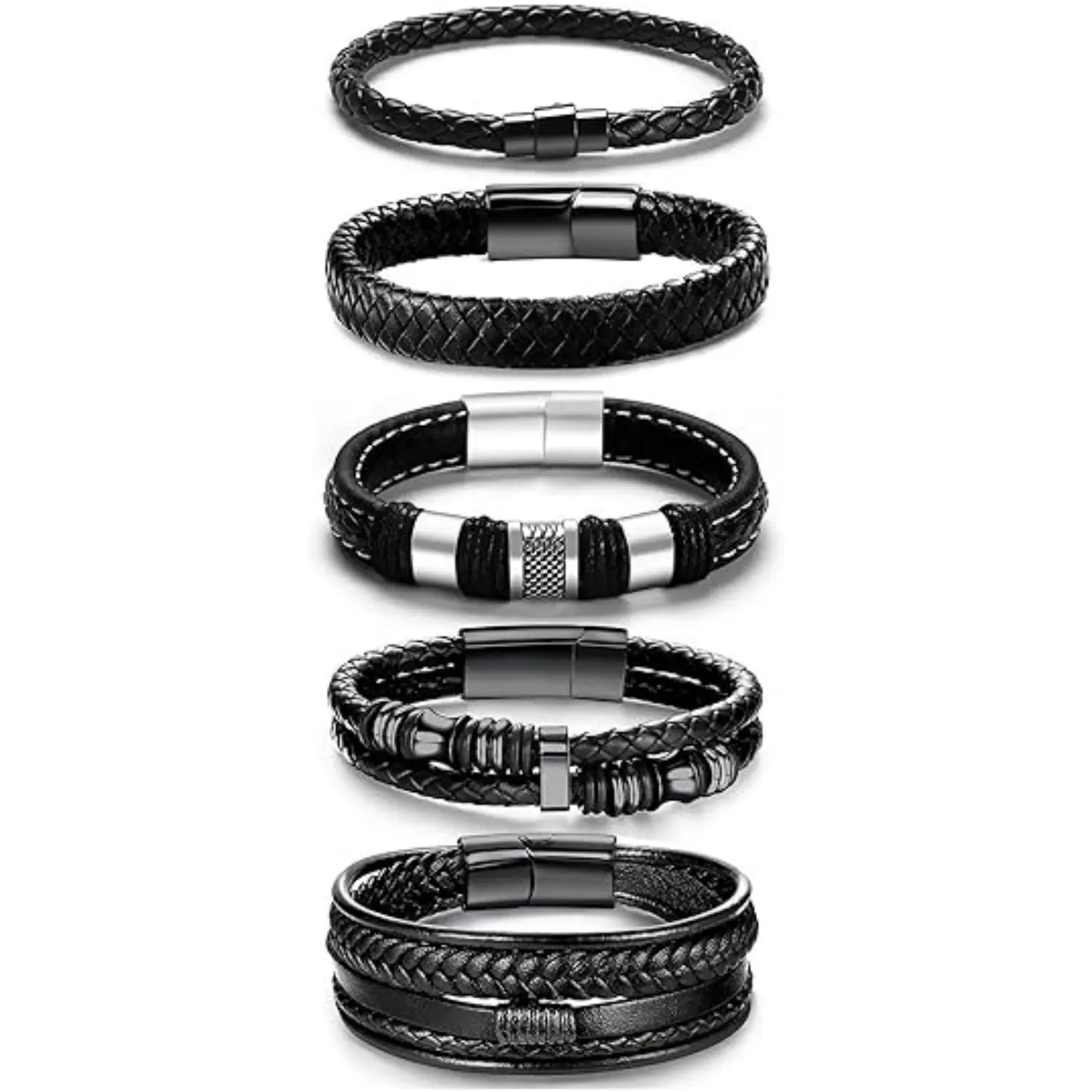 5PCS Black Leather Bracelets for Men Women Men Bracelet Leather and Steel Braided Cuff Bracelets 5PCS Black Leather Bracelets for Men Women Men Bracelet Leather and Steel Braided Cuff Bracelets