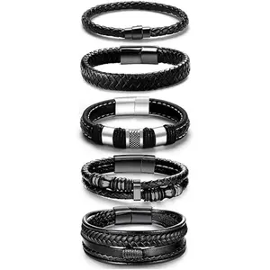 5PCS Black Leather Bracelets for Men Women Men Bracelet Leather and Steel Braided Cuff Bracelets