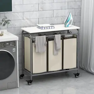 3 Bag Laundry Basket Sorter Heavy Duty Rolling Lockable Wheels Laundry Hamper Cart with Ironing Board and Removable Bags Organiser