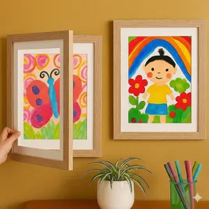 FURPAWTRAIT 2 Pcs Wood Kids Art Frame 13x10 Magnetic A4 Storage MDF Front Loading Holds 150-200 Artwork Couple Gift Christmas Festive Wooden Gallery Style Hanging Keyholes Flexible Orientation Trending