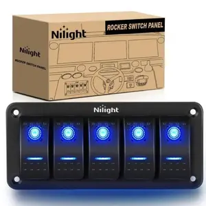 Nilight 5Gang Aluminum 5Pin ON/Off Blue Rocker Switch Panel