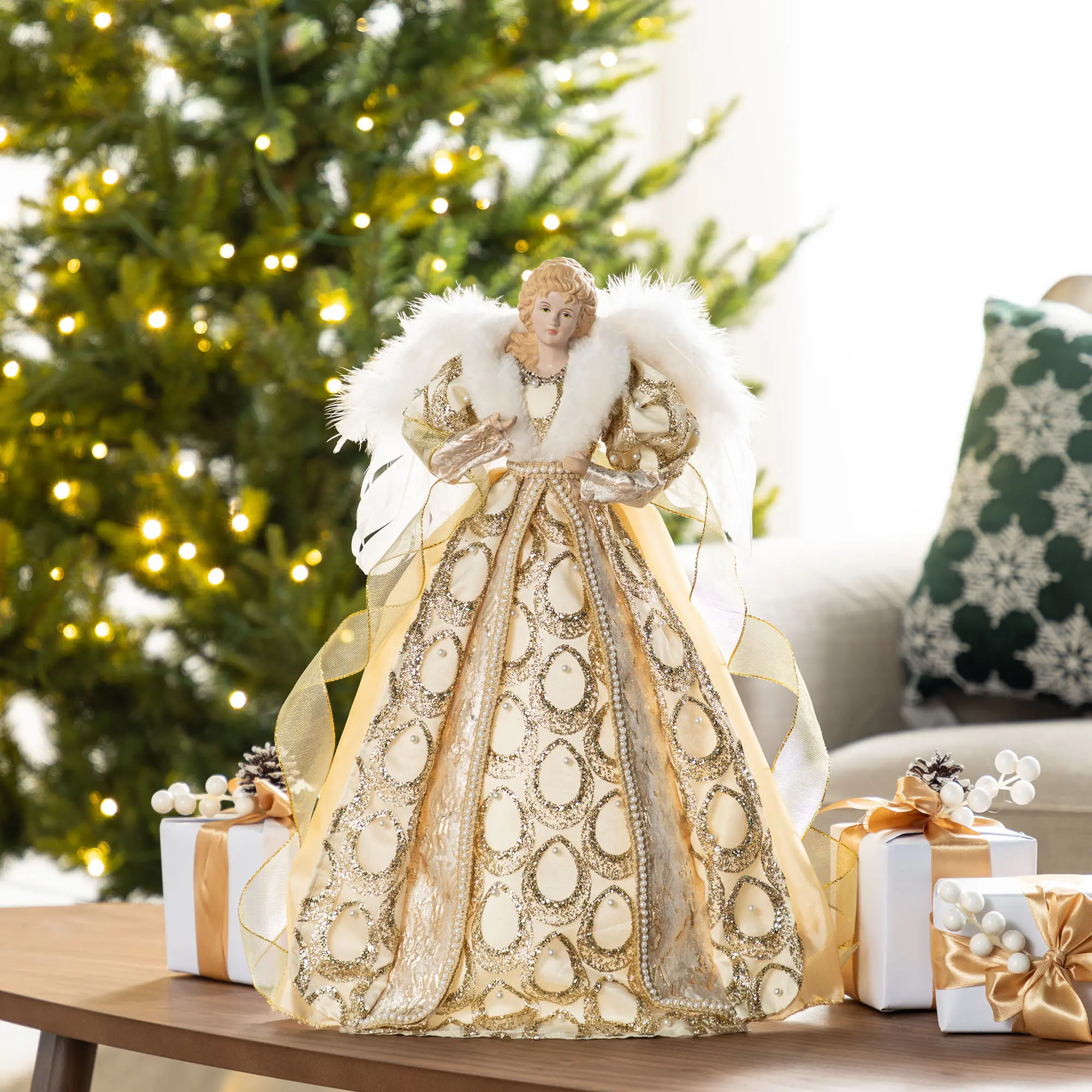 Glitzhome 18.5"H Faux Fur & PVC Christmas Elegant Angel Tree Topper with Porcelain Face