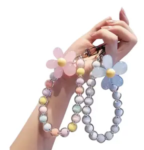 Phone Charms Wrist Straps Crystal Bead Bracelet Key Chain Flower Mobile Phone Chain Trendy Girl Keychain