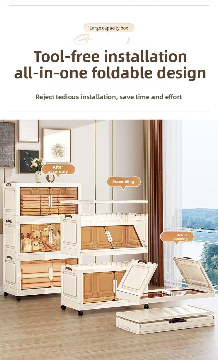 Foldable plastic storage cabinet with doors and wheels, suitable for large-capacity stacked storage in bedrooms, living rooms, and kitchens—high-quality, space-saving design, easy to assemble, magnetic closure, transparent doors
