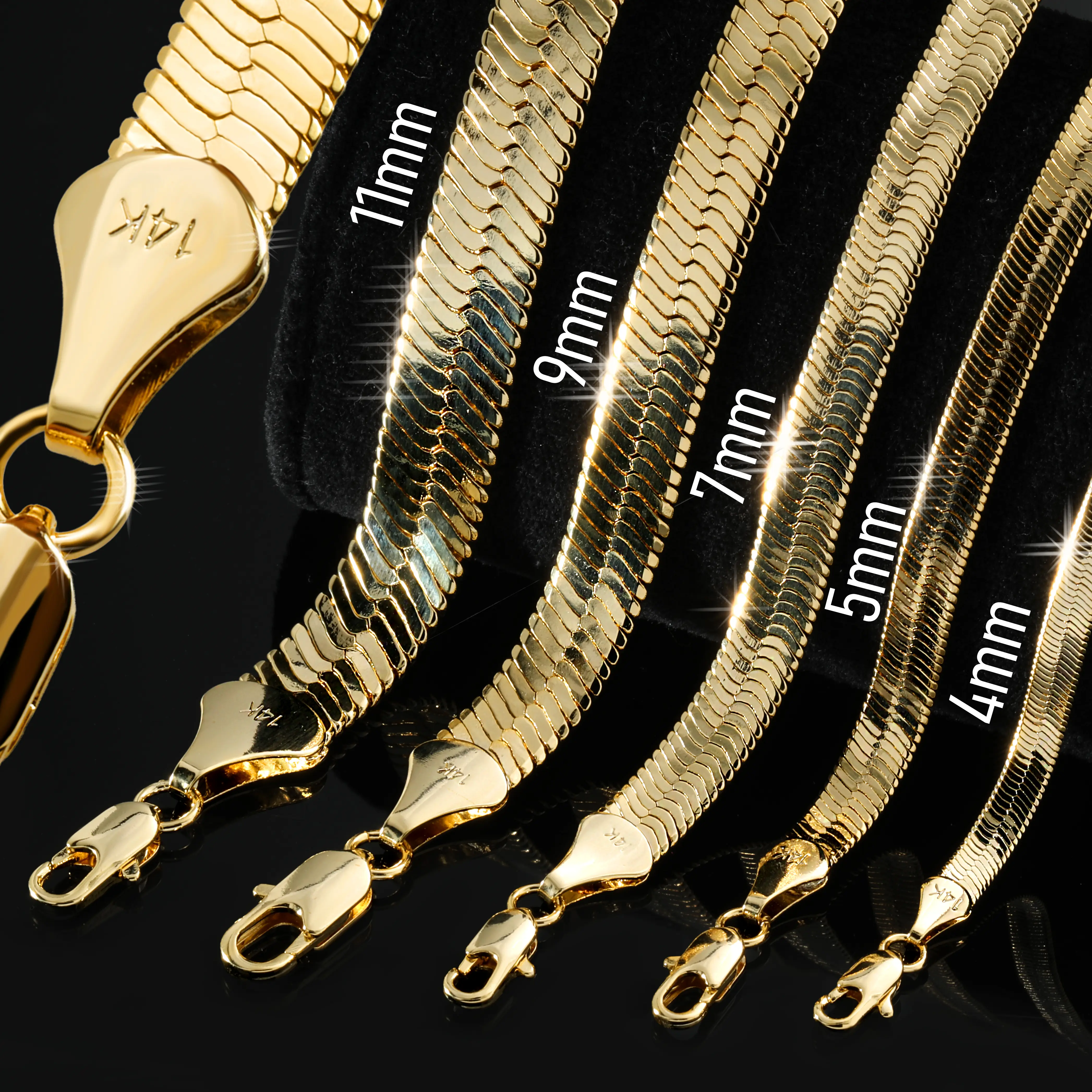 14K Herringbone Necklace 4mm 5mm 7mm 9mm & 11mm - 24"In Men's Fit Gold Plated Women's Fashionable Chain