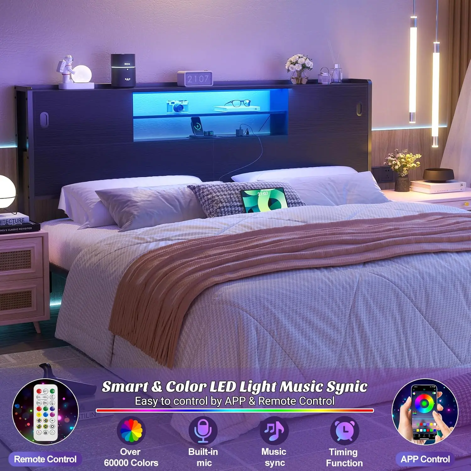 Headboard for King Size Bed with Storage, Sturdy Bookcase Headboards with Outlet, USB & LED Light, King Size Headboard Only, Head Board with Sliding Doors & Bed Bedroom unique  bedroom  furniture king  size  bed  frame leather upholstered headboar