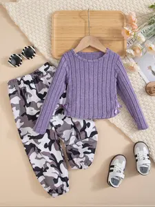 Girls' Fashion Knit Pullover Sweater Set, Casual Outfit Set, High Elasticity Round Neck Top + Camo Wide Leg Pants, Sweet Style for Ages 3-10 Clothes Kids