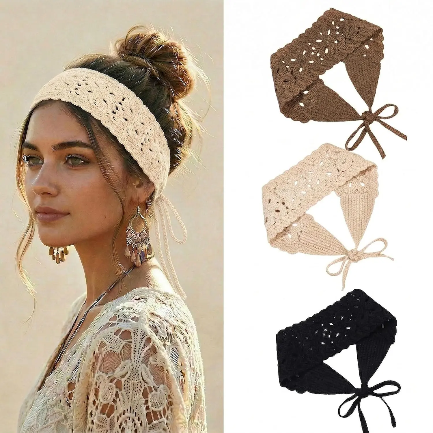 3Pcs Boho Headbands for Women Bandana Crochet Knit Hair Band Headband Hair Scarf Head Bands for Women's Hair