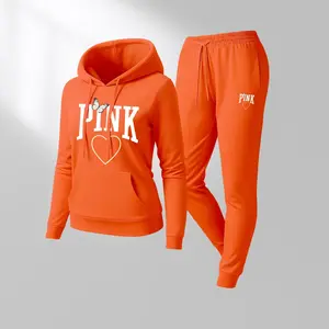 Women's Pink Cartoon Print Hoodie And Drawstring Track Pants Set, Casual Sportswear, Long-Sleeved Hooded Jacket And Pants, Suitable For Autumn And Winter, Everyday Wear, Indoor And Outdoor Sportswear, Casual Sportswear. SpringStatements