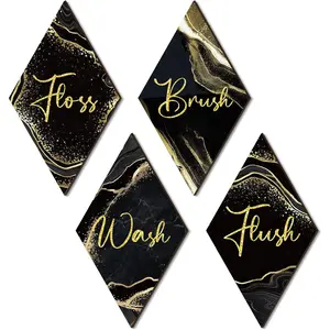 Weysat 4 Pcs Black and Gold Wooden Bathroom Wall Decor Wash Brush Floss Flush Wooden Rustic Marble Style Bathroom Accessories for Home Laundry Spa Room 11.81 x 6.69 Inch
