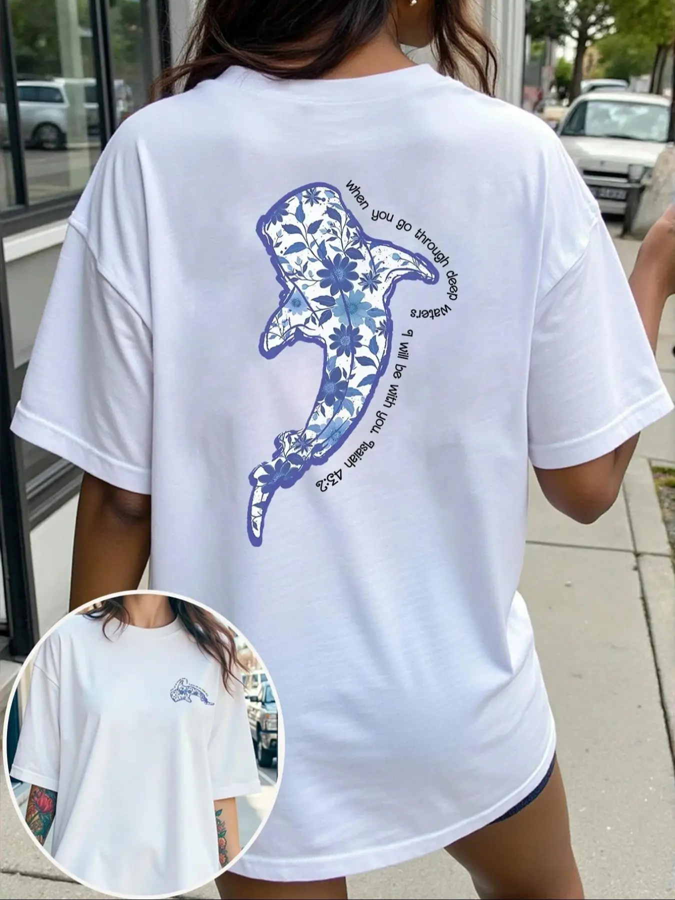 Women's Whale Floral Graphic Print Round Neck Oversized Baggy T-Shirt, Casual Summer for Daily and Outdoor Wear, Stylish Loose-Fitting Top, Womenswear