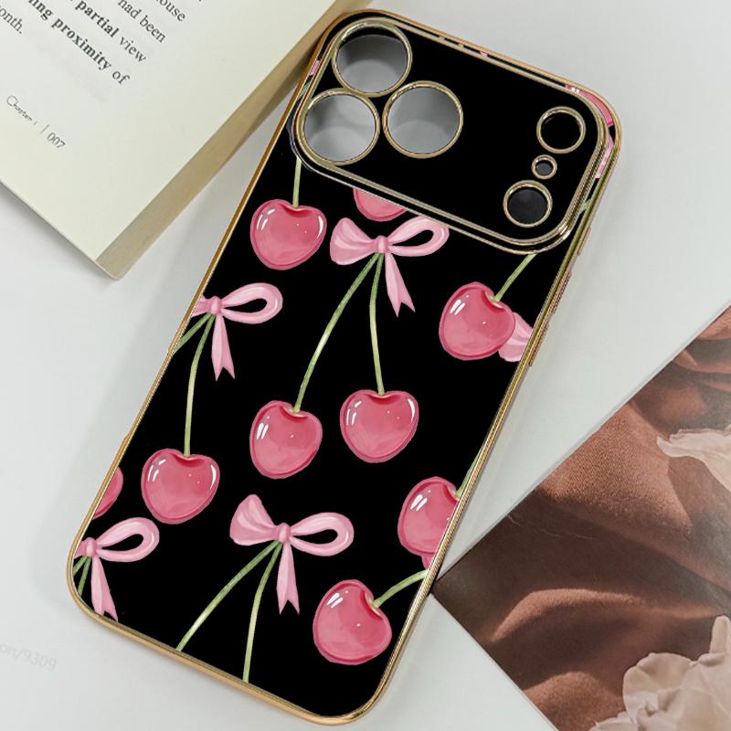 Juicy Pink Cherry Illustrations Phone Case Adding A Touch Of Fresh Romantic Charm To Your Daily Device Premium 6D Solid Color Electroplated With A Smooth Glossy Metal-Like Finish l For Iphone 17 16 15 14 13 12 11
