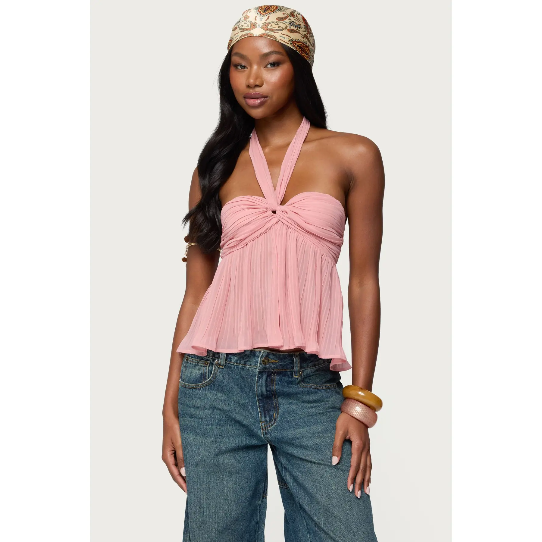 Pleated Chiffon Babydoll Halter Top
