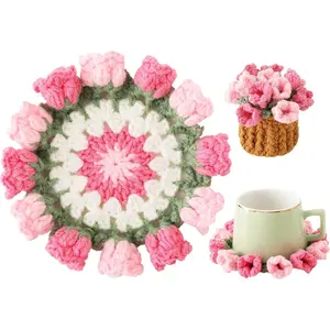 Flower Crochet Coasters Handmade Bouquet Blanket Coaster Soft Decorative Drink Coasters for Coffee Tabletop Protection and Home Decor Pink 1Pc