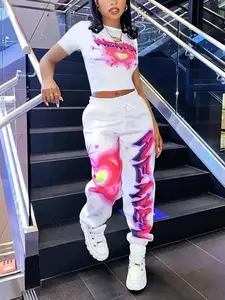 Women's Sporty Crop Top & Sweatpants Set, Patchwork Design, Fitted Casual, Sporty Style, Perfect for Daily Outdoor Wear, Fashionable Two-Piece Set, Sportswear Set