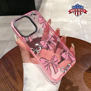Phone Case for iPhone 16 Plus 15 Pro Max 14 13 12 11 Pink Bow  Pattern Non-Yellowing Shockproof Soft Silicone Transparent Cover