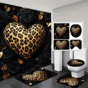 1/4 pc black rose and leopard print heart design, exquisite shower curtain set, non-slip mat, U-shaped rug, toilet seat cover, perfect for bathroom décor, beautifies the space, includes 12 shower curtain hooks, Bathroom Decoration Accessories