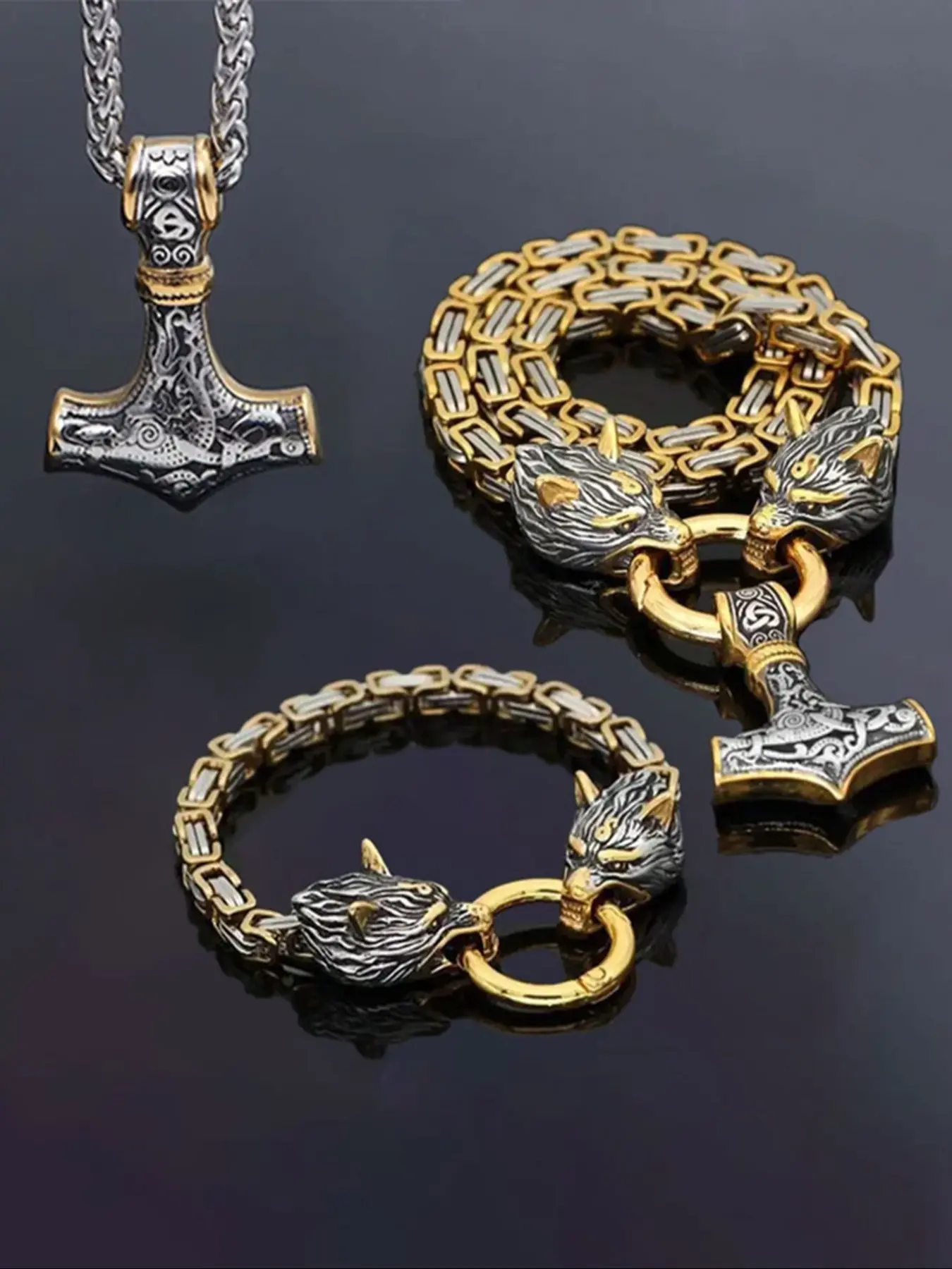 3pc Vintage Hammer Necklace and Wolf Head Bracelet Set, Gothic Jewelry for Men and Women, Party Accessories, Birthday Gift, Jewellery Gift Set, Jewelry Sets