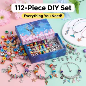 112Pcs DIY Rainbow Beads Charm Bracelet Making Kit with Charms, Elastic Beading String, Gift Box - Arts Crafts Supplies for Girls, Party Favors, Birthday Classroom Prize Gifts