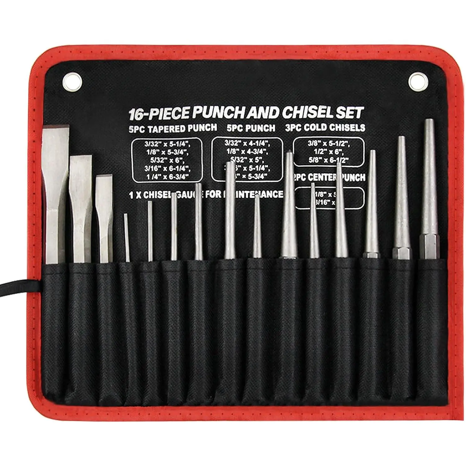 16-Piece Chrome Vanadium Steel Punch & Chisel Set with Storage Pouch - Carving Tools for Sculpture, Finish Carpentry, Automotive Use Including Taper, Cold, Pin, Center Variants