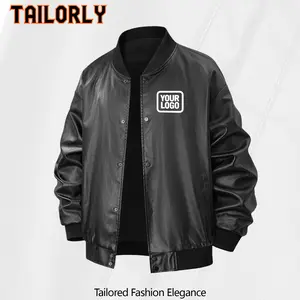 Tailorly Men's Custom Faux Leather Baseball Jacket - Long Sleeve Tops, Casual Relaxed Fit, Medium Length PU Coat, Metal Zipper, Personalized Name/Number/Logo, Trendy Stand Collar, Windproof, Lightweight for Teams, Street Style