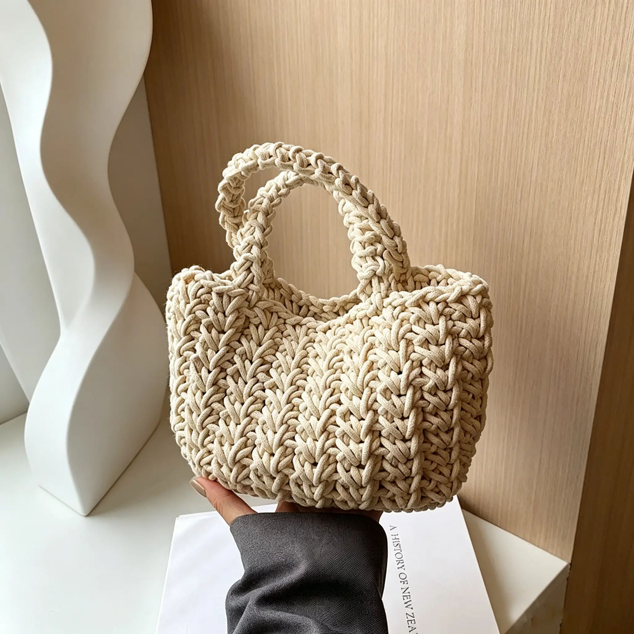 Female Aesthetic Shoulder Handbag - Handwoven Unique Yarn-Weave Cotton Multi-Function Crossbody, Casual Korean-Style Basket Purse for Beach, Vacation (Sports & Outdoor Accessory)