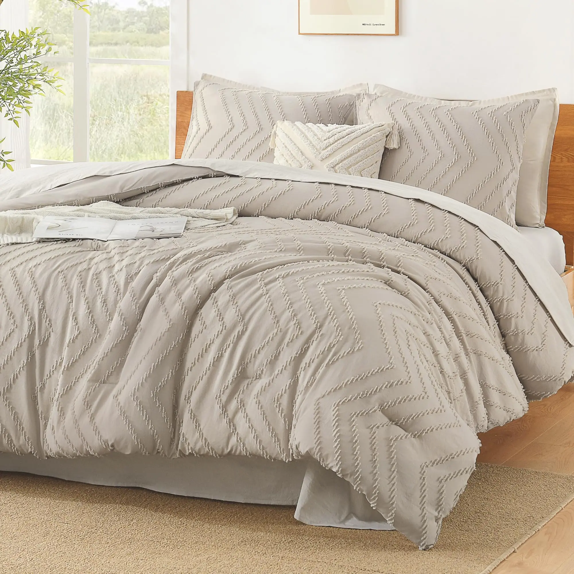 Litanika Beige King Size Comforter Set with Sheets - 7 Pieces Bed in a Bag King Boho Tufted Complete Bedding Sets with Comforter, Sheets, Pillowcases & Shams