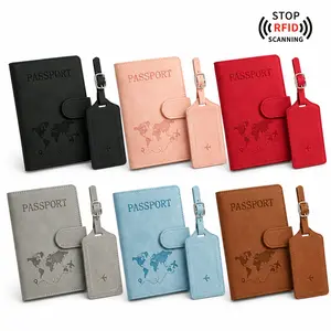 RFID Blocking Passport Holder & Luggage Tag Set, Premium PU Leather Travel Wallet with World Map Design, Anti‑Scan Passport Cover for Men Women Travel Essentials Gift