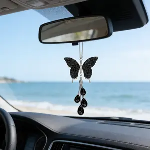 Rhinestone Butterfly Car Mirror Hanging Ornament, Tassel Pendant Car Interior Decoration, Elegant Car Accessory for Stylish Driving