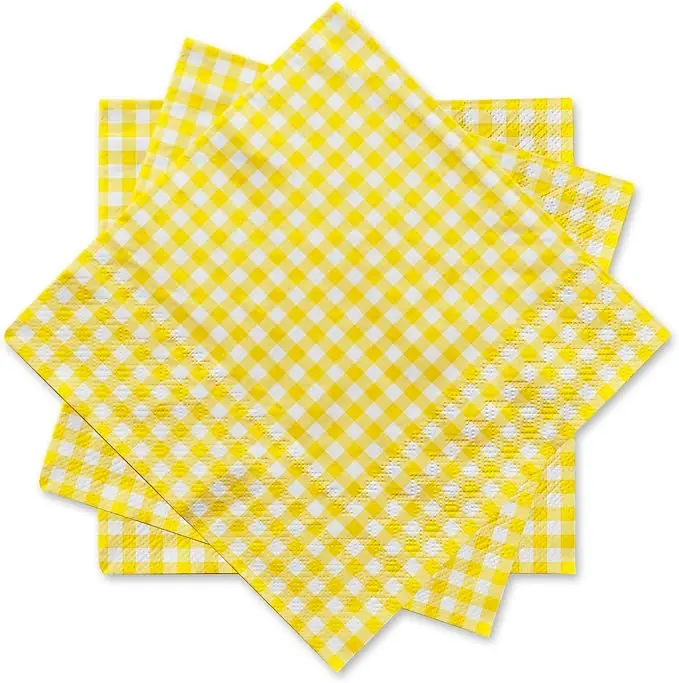 Party Supplies, Disposable Paper Napkins Yellow and White Gingham Napkins for Easter Party（3-ply, 6.5X6.5 in, 50-Pack)