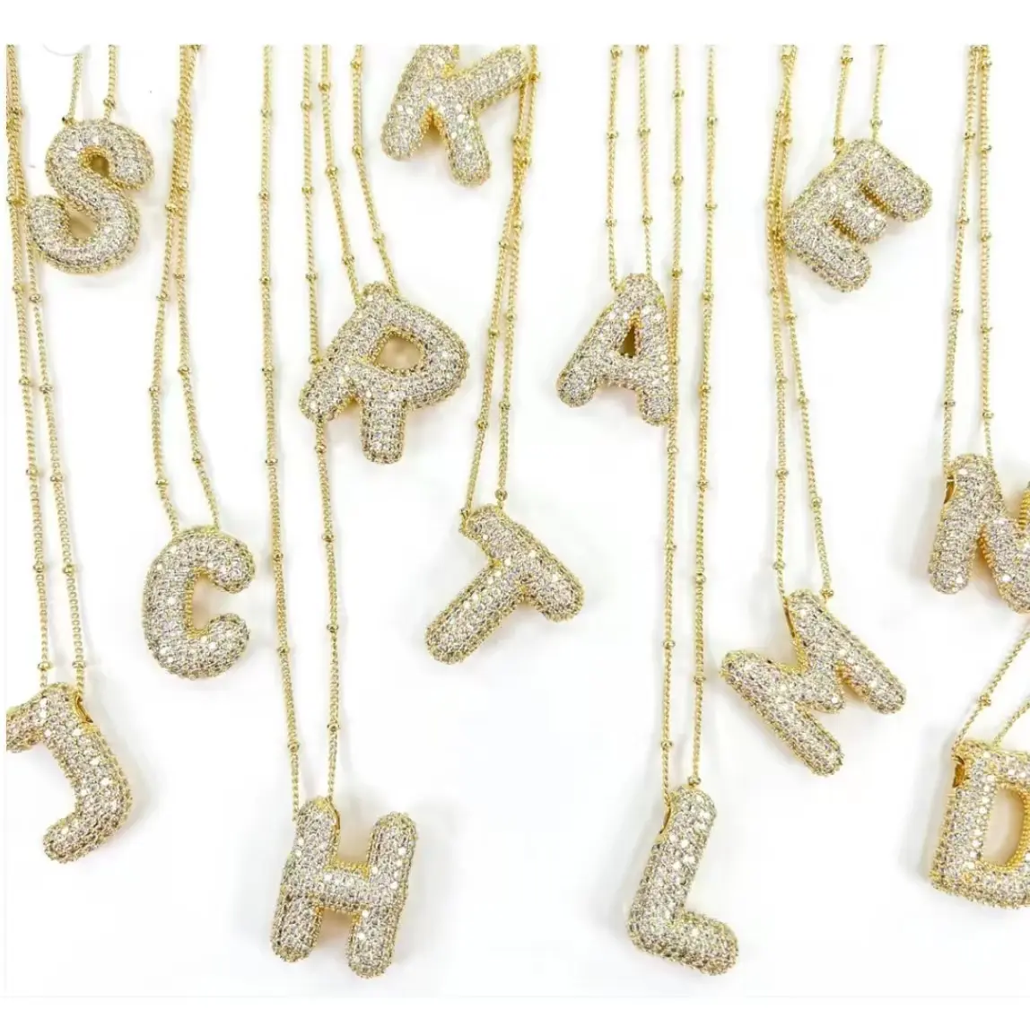 Initial Necklace for Women, Dainty Rhinestone Puffed Bubble Letter Pendant on a Gold Beaded Alloy Chain, Personalized Meaningful Gift, Custom Letters Necklace, Dainty Fashion Jewelry, Initial Necklaces
