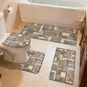 3/4pcs Bathroom Anti-Slip Mat Set, Interwoven Checkered Wood Pattern, Home Decor Shower Room Door Absorbent Mat, Soft Thickened Quick-Dry Carpet for Household Use, Toilet Laundry Room Accessory Foot Mat, Room Bedroom Entry Door Mat, Non-Slip Small