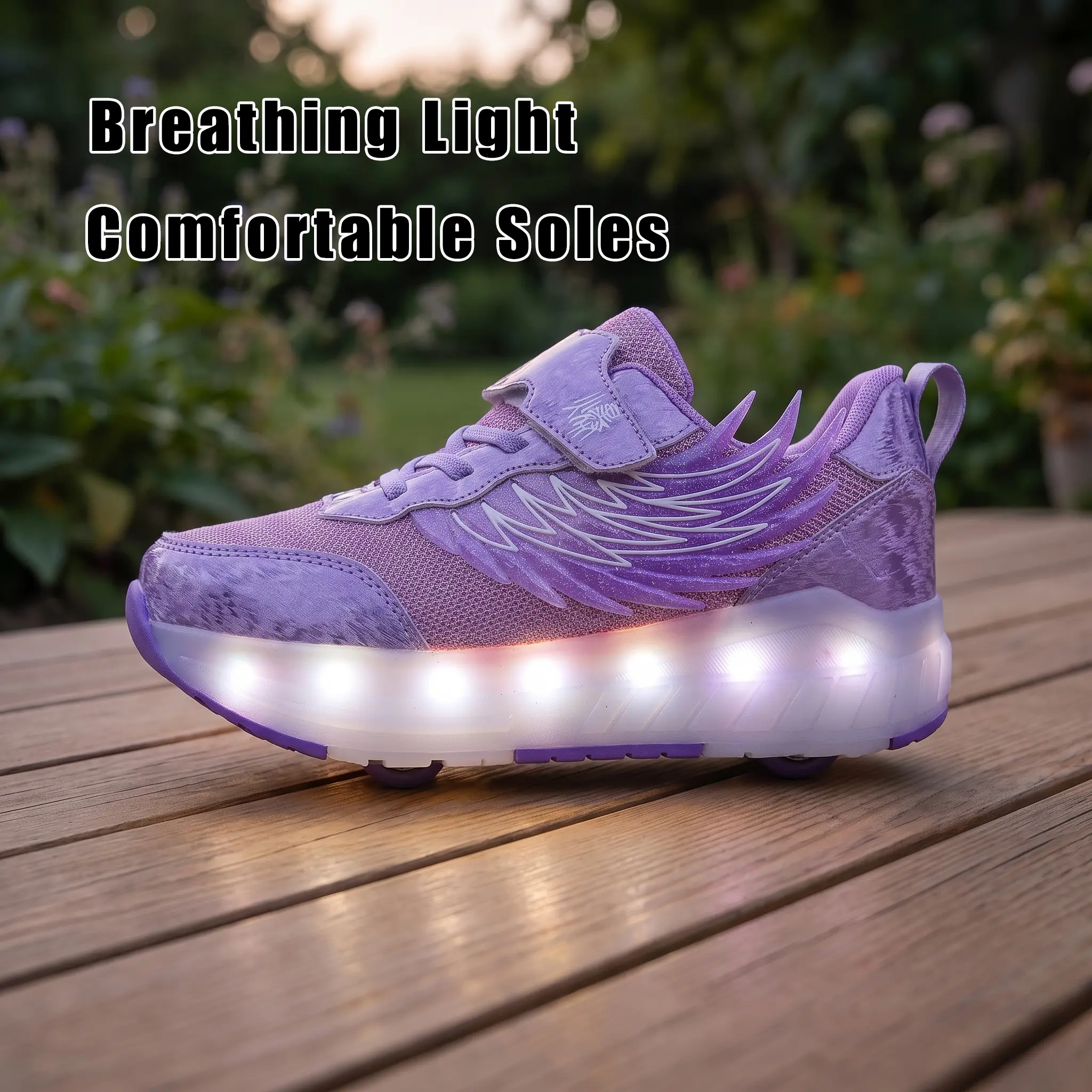 Girls' 4-Wheel LED Light-Up Convertible Roller Skate Shoes - Wing Decor, Mesh Breathable, Round Toe, Synthetic & Textile, Hook & Loop Casual Outdoor Sports Sneakers, Skating, Convertible Wheels, Not Water Resistant, 10 - 11 Years