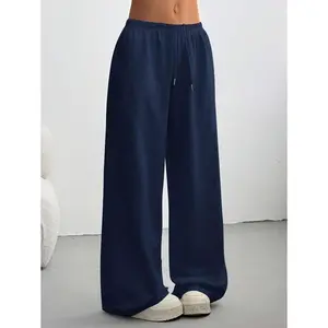 Women's Solid Color Drawstring Waist Wide Leg Loose Casual Sweatpants Graduation,Back To School Outfits,Back To School Fabric Womenswear Blue Bottom Cotton Wideleg Spring Basic Minimalist teacher outfits teacher outfits