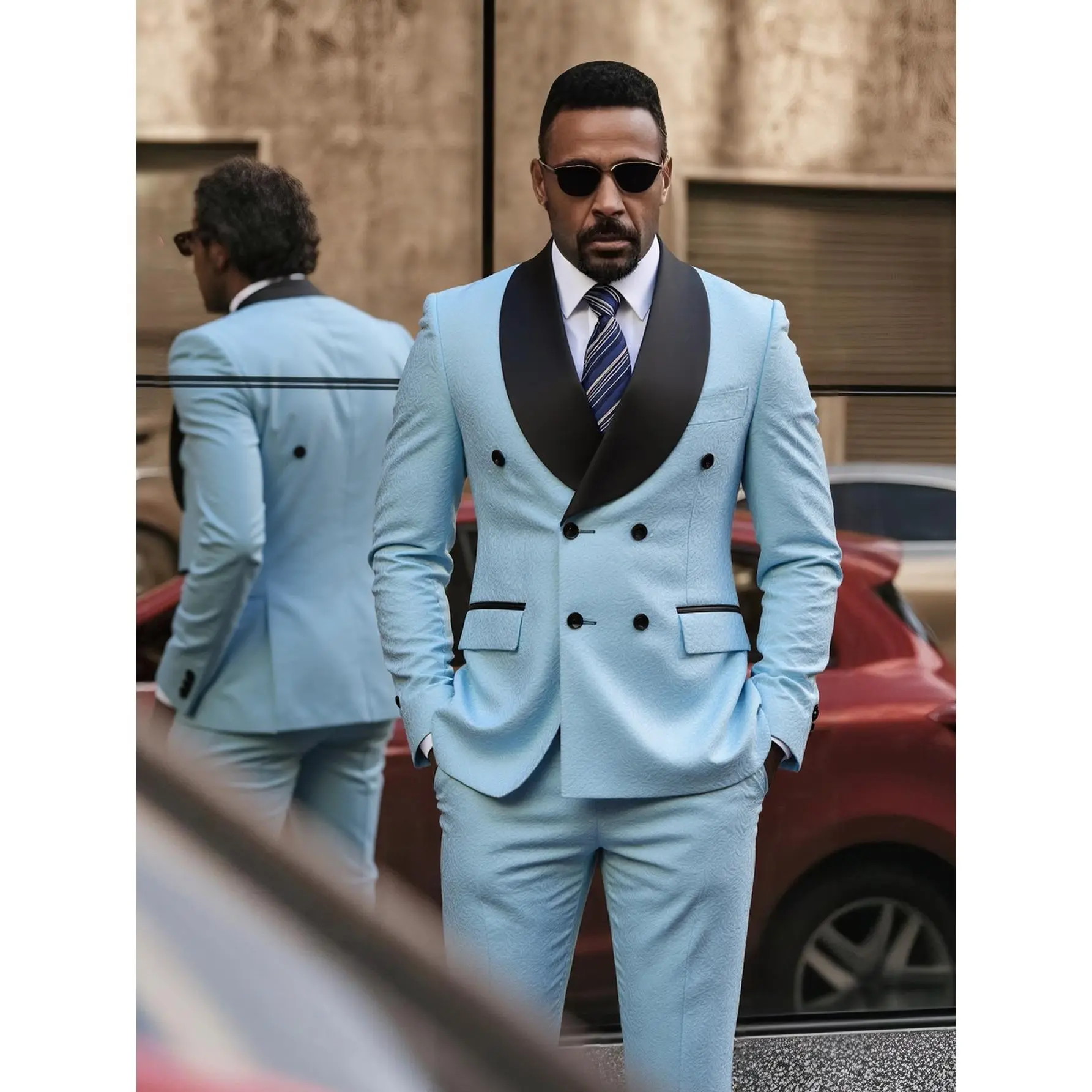 Men's 2-Piece Suit Set, Elegant Floral Jacquard Tuxedo with Shawl Lapel, Classic Double Breasted Long Sleeve Blazer & Pants for Weddings, Polyester, Menswear, Matching