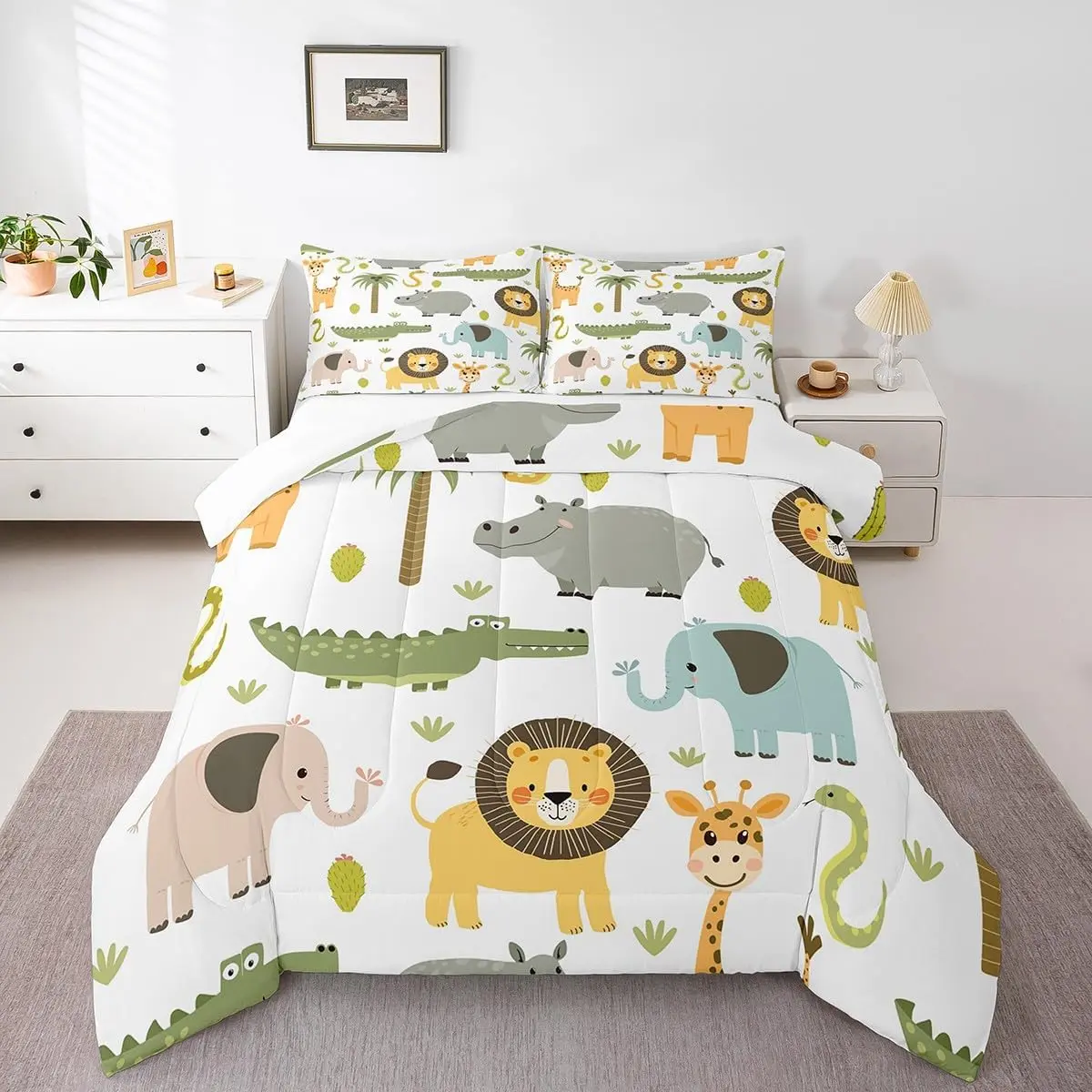 Feelyou Kids Animal Print Comforter Set - Breathable Wild Animal Cartoon Quilt with Hippo, Crocodile, Lion, Elephant, Giraffe Designs, Multi-Size (Twin, Full) Bedding for Kids