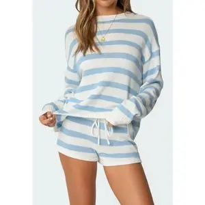Women’s Striped Knit Sweater and Shorts Set – Blue and White Casual Loungewear Outfit, Suitable for Use with a Raincoat