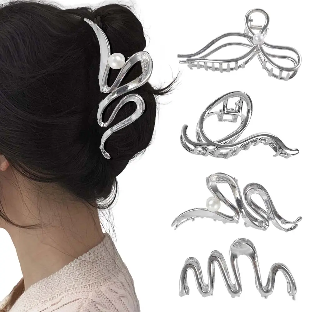 4 PCs Metal Hair Claw Clips - Irregular Large Clips for Women, Non-Slip Styling Accessories for Thick and Thin Hair (Silver)