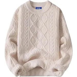 Oversized Sweater 90s Vintage Cable Knit Long Sleeve Women Heavy Crewneck Pullover Classic Retro Style Beige Knitwear Vibe