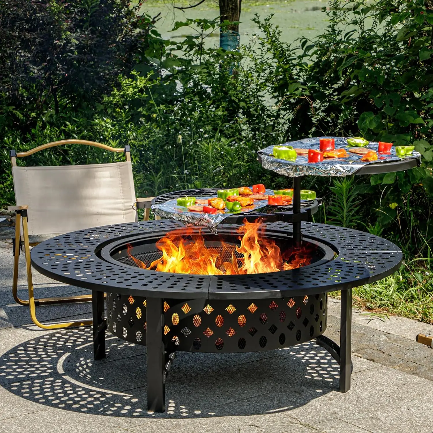 Outvue 47-Inch Heavy Duty 3-in-1 Fire Pit Set, Wood Burning 360° Grill Swivel Fire Table with 2 Grills, Lid & Poker, Outdoor Round Metal Tabletop Firepit for Patio, Picnic, Heavy Duty Firepit