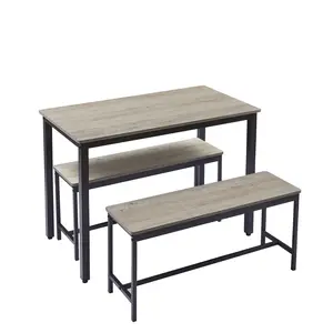 43.3*23.6*29.9 Inch Industrial Dining Table Set with 2 Benches Melamine Chipboard Steel Frame Stowable Design Seats 4 Persons 260LBS Table 400LBS Bench Capacity Easy Assembly