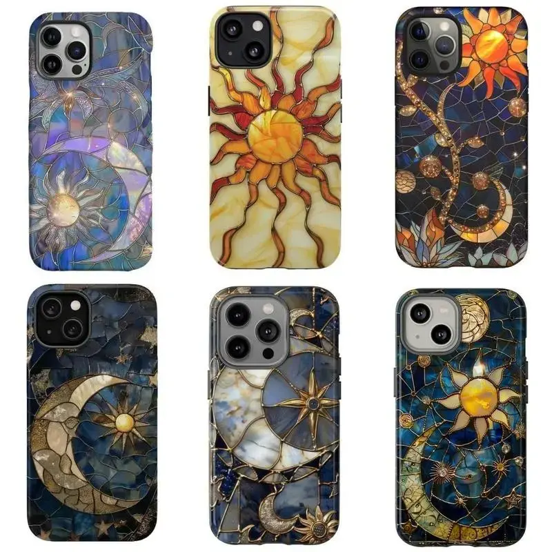 Stained Glass Sun Moon Tough Phone Case for iPhone 17, 16, 15 Pro Max, 14, 13, 12 - Celestial Aesthetic Gift