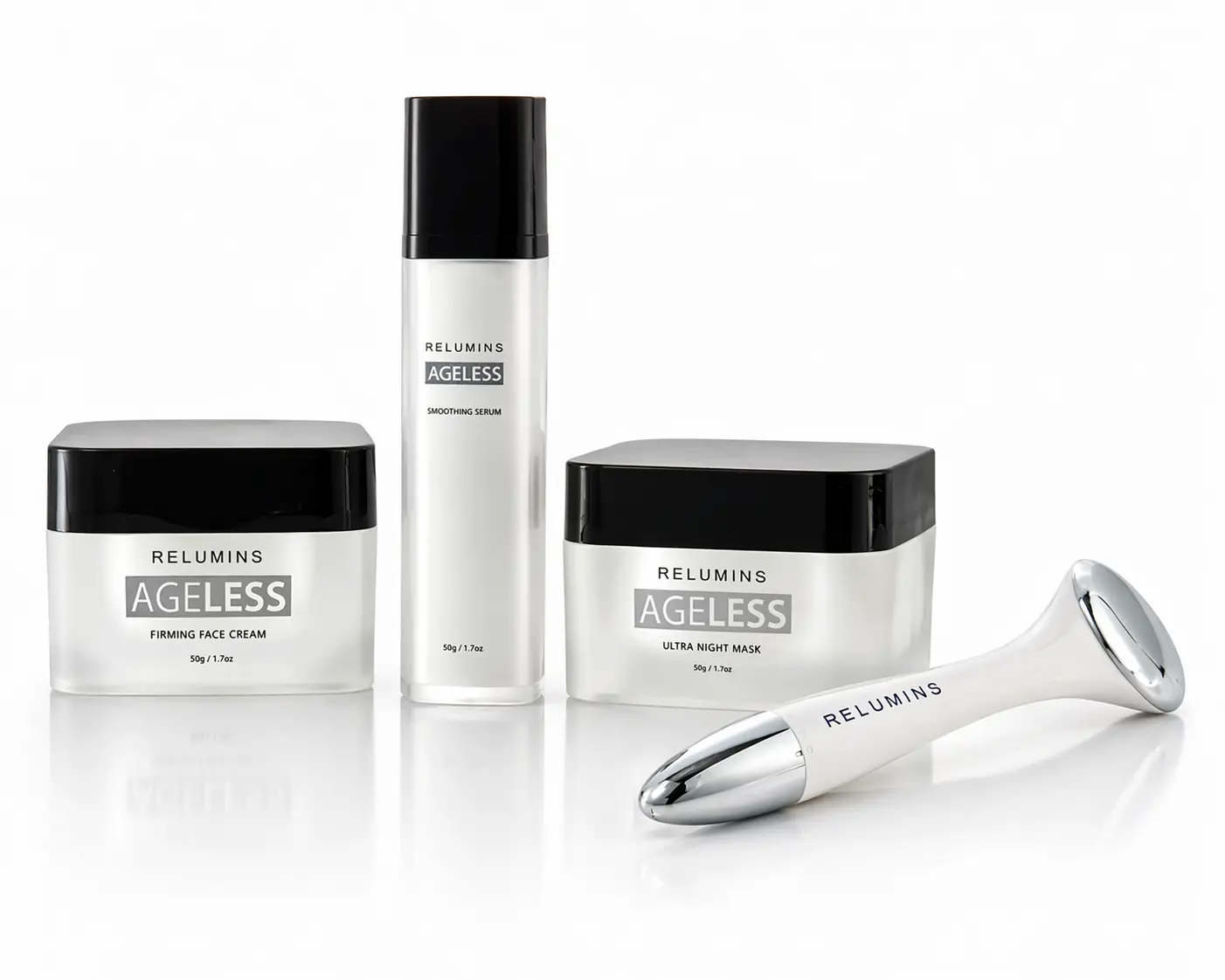 Authentic Relumins Ageless Set – Hydrating Face Cream, Overnight Mask, Smoothing Serum & Skin Tool for a Complete Daily Routine – Soft, Even, Refreshed Look – Lightweight for All Skin Types