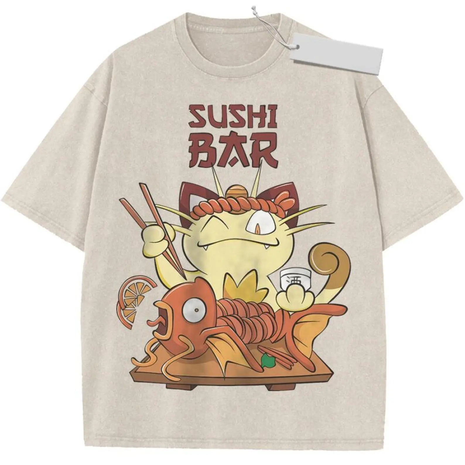 Sushi Bar Meowth & Magikarp Vintage Wash T-Shirt, Funny Pokemon Anime Graphic Tee, Retro Oversized Unisex Shirt, Gamer Gift